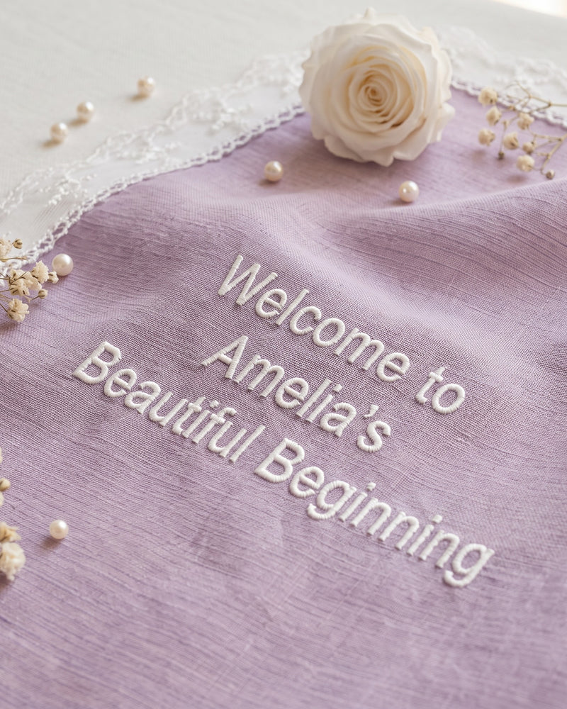 Wholesale "Welcome to Amelia's Beautiful Beginning" Wedding Handkerchief, Iridescent Lilac Organza | Bulk Personalized Handkerchiefs, 15+ Pieces