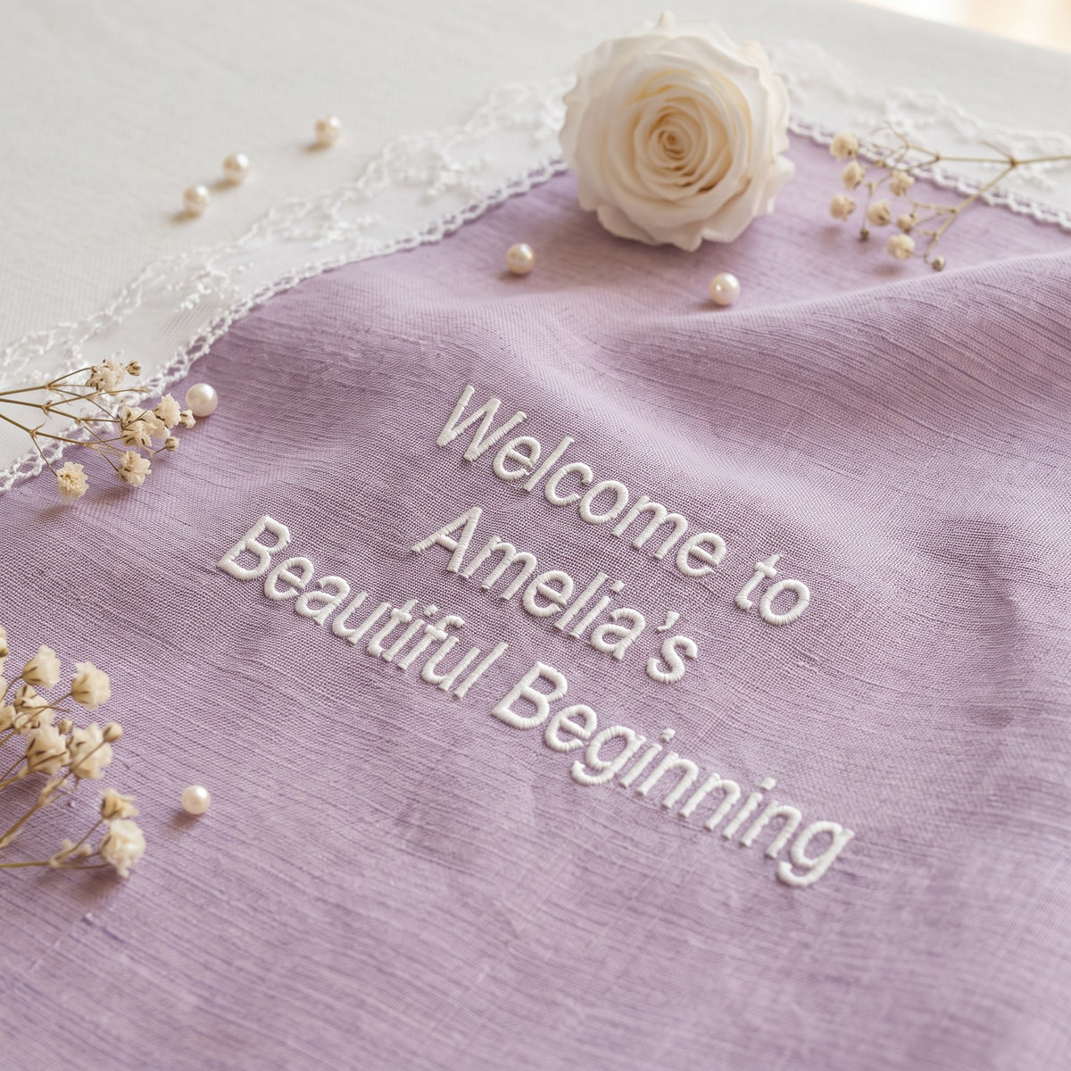 "Amelia's Beautiful Beginning" personalized wedding handkerchief, white embroidery on iridescent lilac organza with lace edge