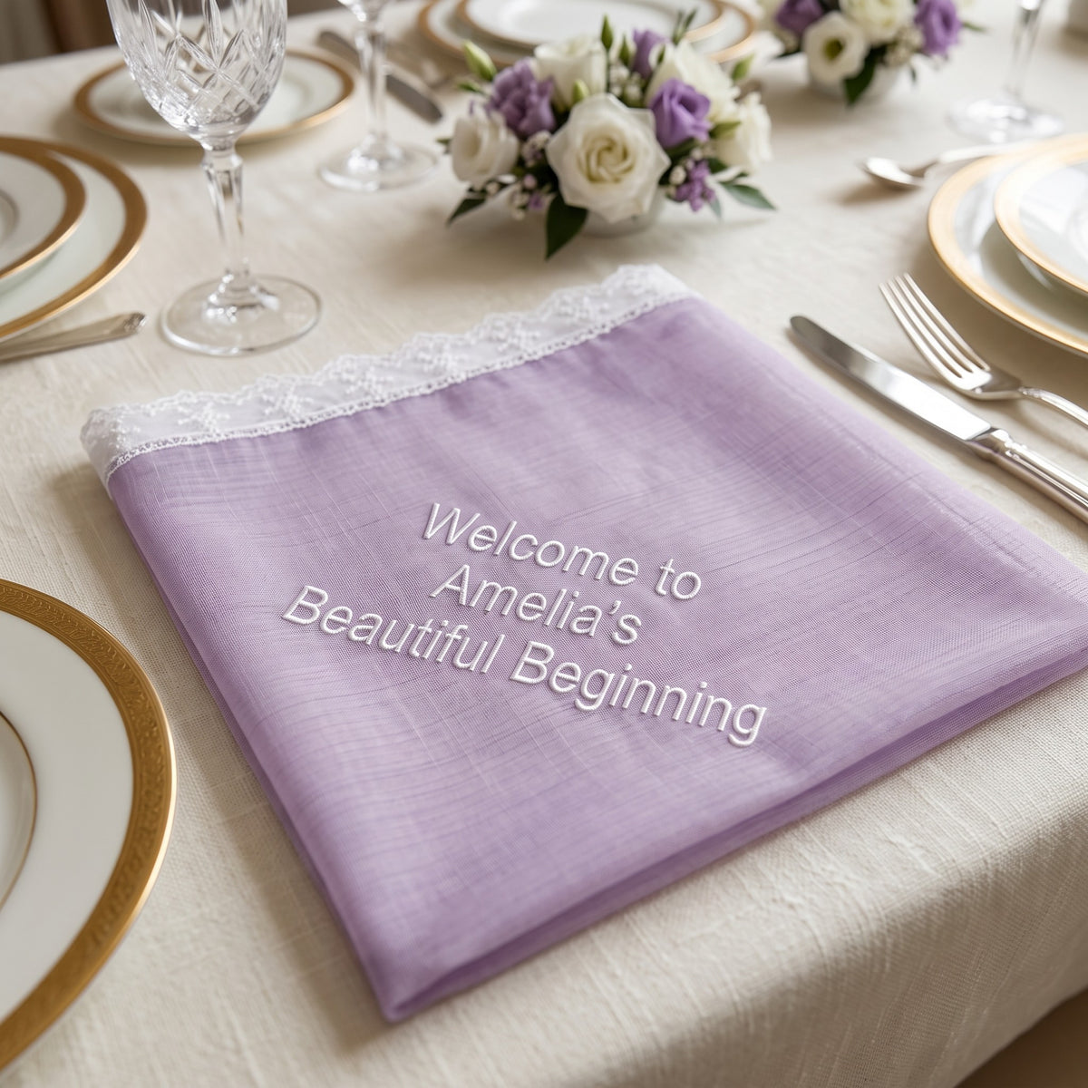 "Amelia's Beautiful Beginning" personalized wedding handkerchief, white embroidery on iridescent lilac organza with lace edge — photo 2
