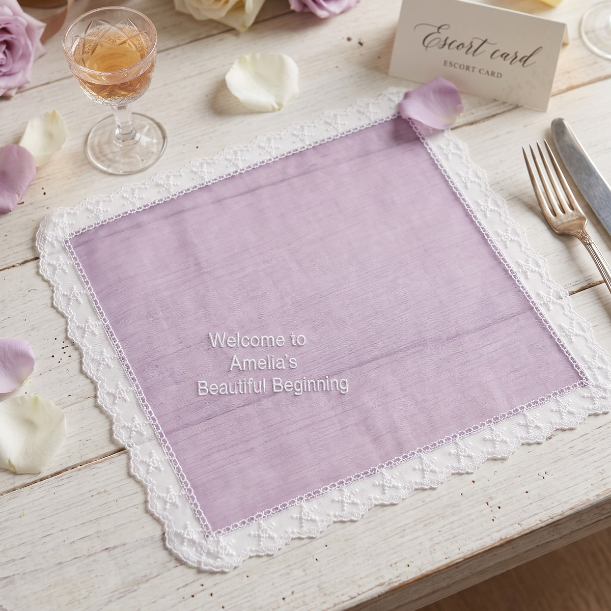 "Amelia's Beautiful Beginning" personalized wedding handkerchief, white embroidery on iridescent lilac organza with lace edge — photo 3