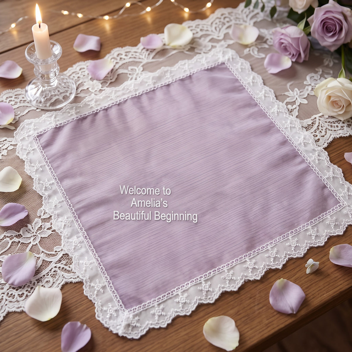 "Amelia's Beautiful Beginning" personalized wedding handkerchief, white embroidery on iridescent lilac organza with lace edge — photo 4