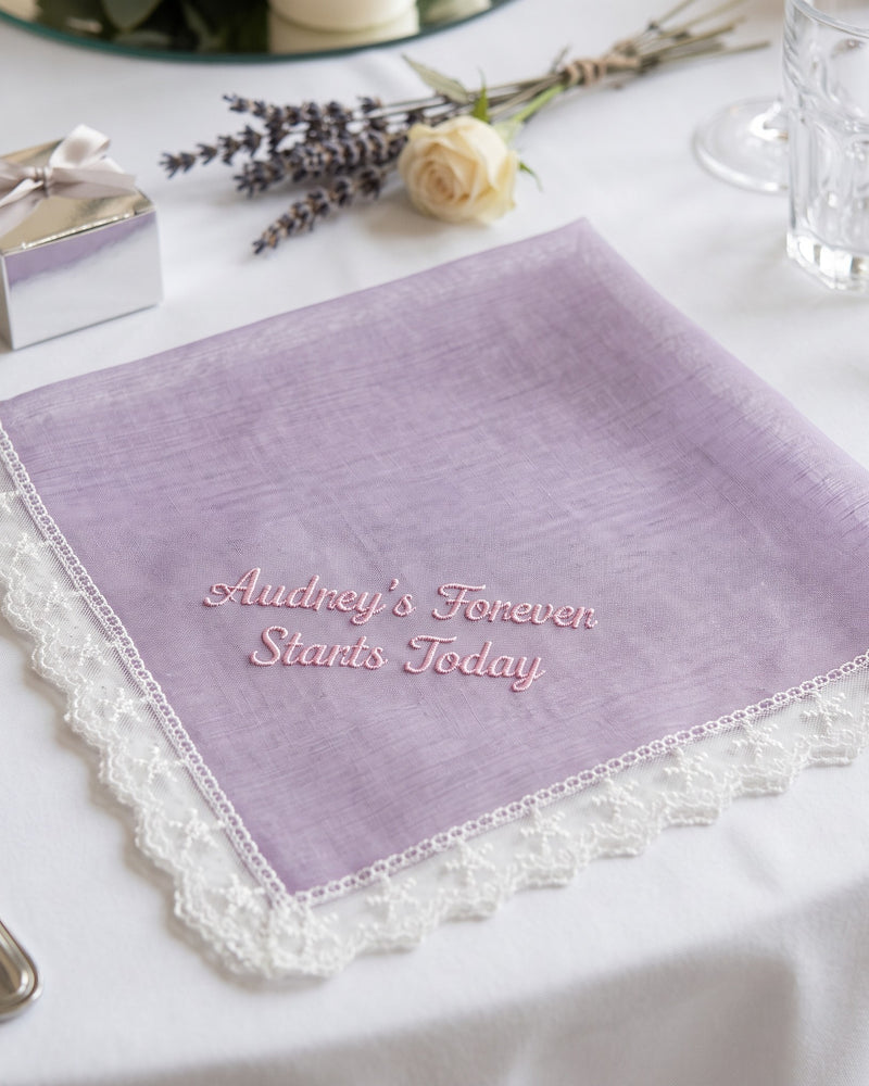 "Audrey's Forever Starts Today" Wedding Handkerchief | Personalized Embroidered Organza Handkerchief, Pink on Iridescent Lilac Organza
