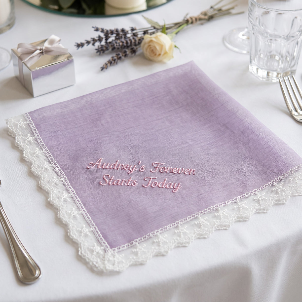 "Audrey's Forever Starts Today" personalized wedding handkerchief, pink embroidery on iridescent lilac organza with lace edge
