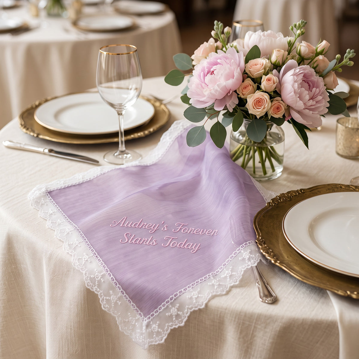 "Audrey's Forever Starts Today" personalized wedding handkerchief, pink embroidery on iridescent lilac organza with lace edge — photo 2