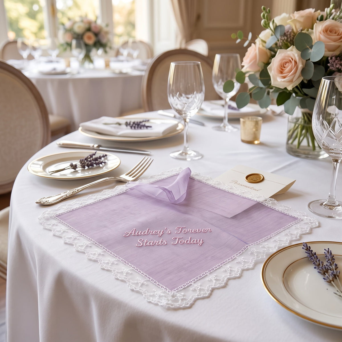 "Audrey's Forever Starts Today" personalized wedding handkerchief, pink embroidery on iridescent lilac organza with lace edge — photo 3