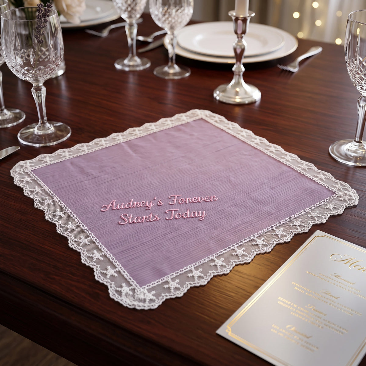 "Audrey's Forever Starts Today" personalized wedding handkerchief, pink embroidery on iridescent lilac organza with lace edge — photo 4