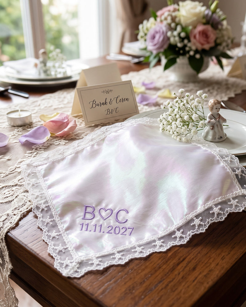 B ♥ C Wedding Handkerchief with Date | Personalized Embroidered Organza Handkerchief, Lavender on Rainbow Organza