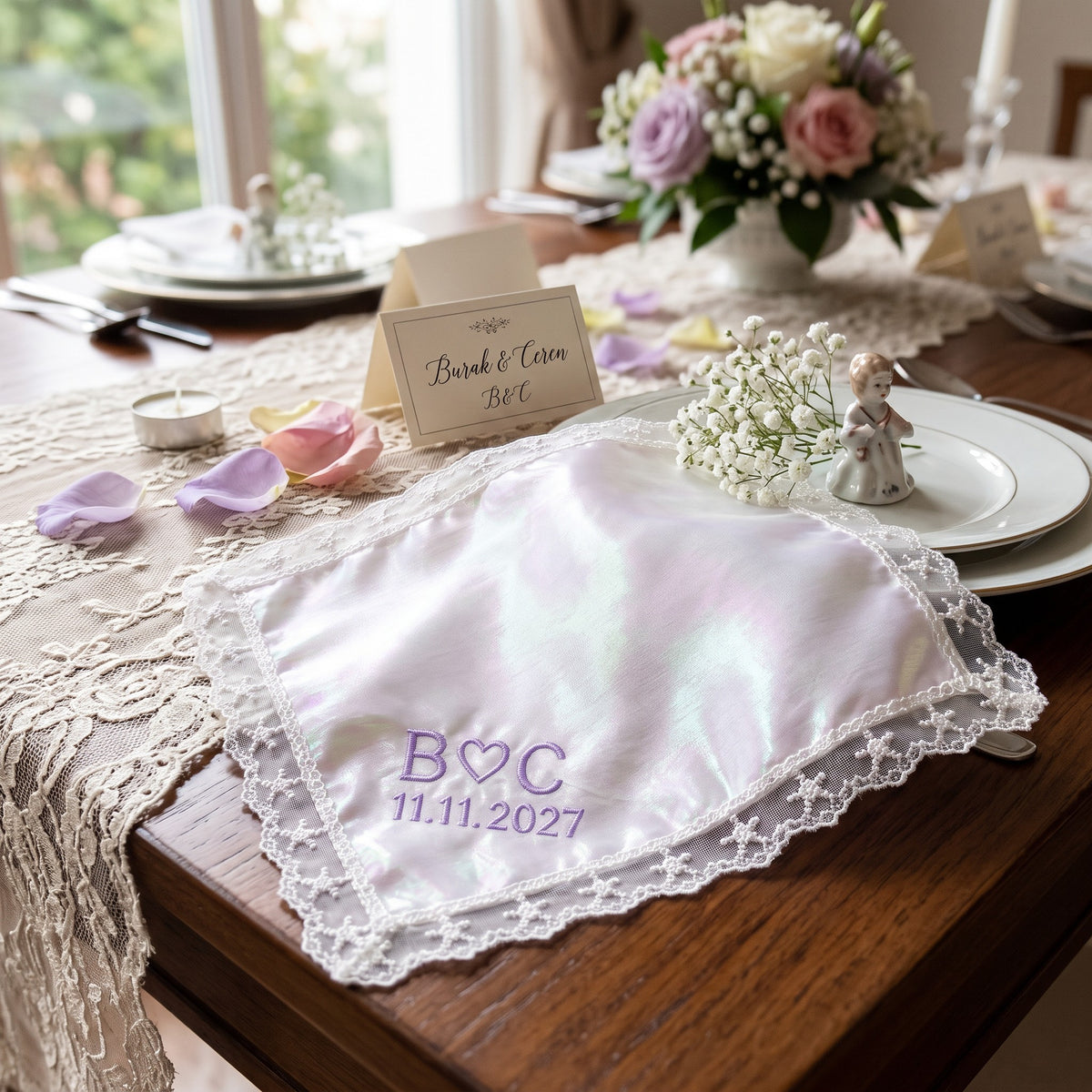 B heart C initials personalized wedding handkerchief, lavender embroidery on rainbow organza with lace edge