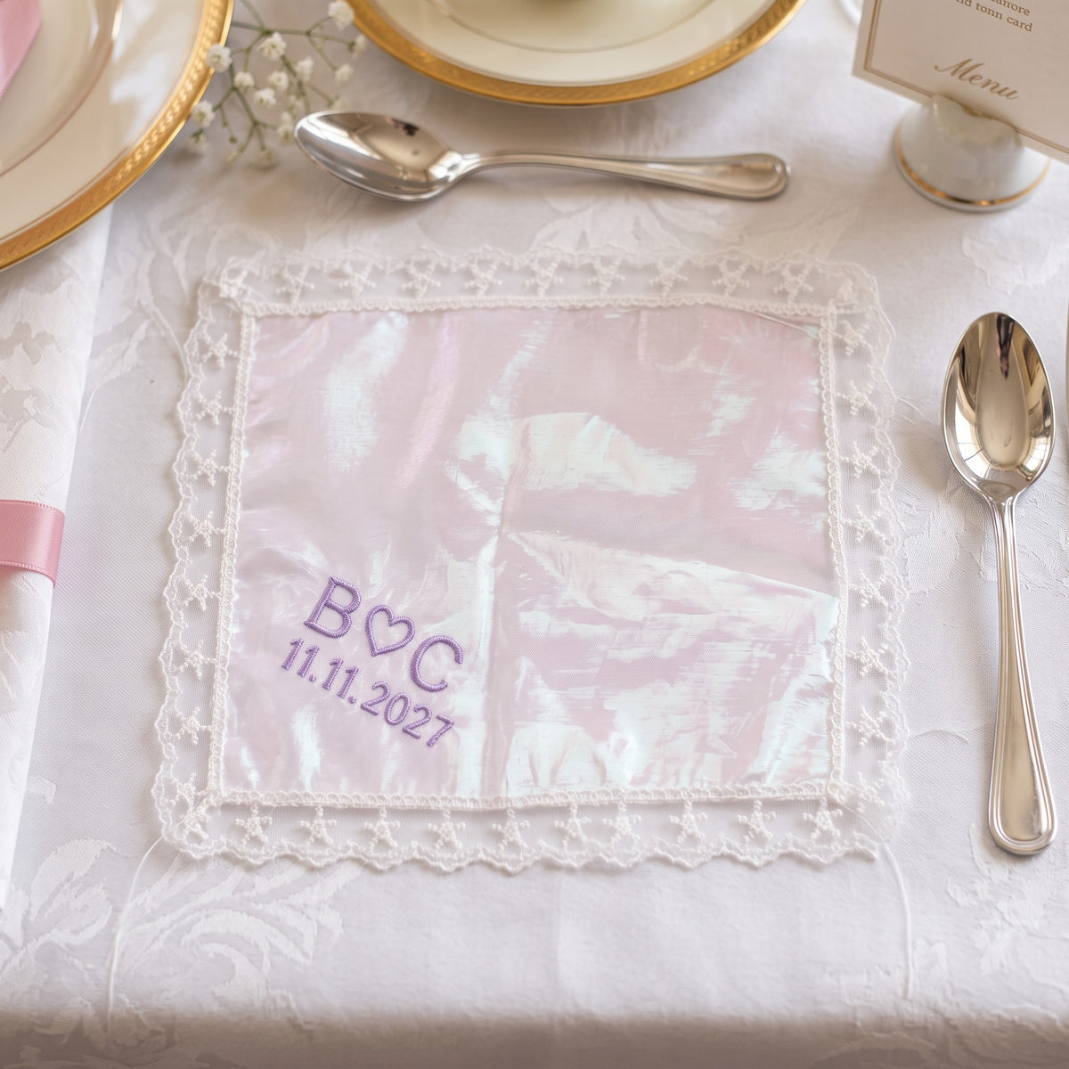 B heart C initials personalized wedding handkerchief, lavender embroidery on rainbow organza with lace edge — photo 2