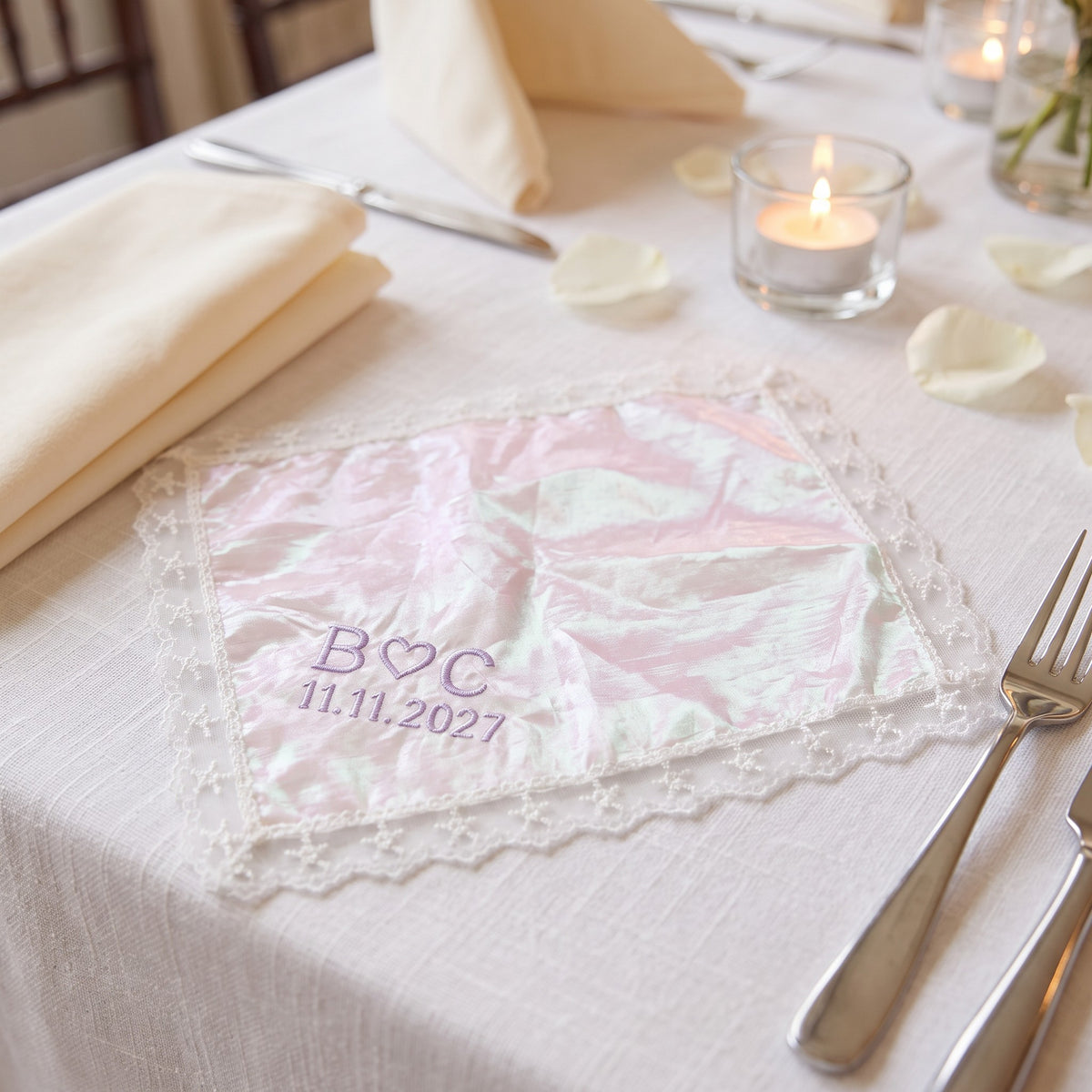 B heart C initials personalized wedding handkerchief, lavender embroidery on rainbow organza with lace edge — photo 3