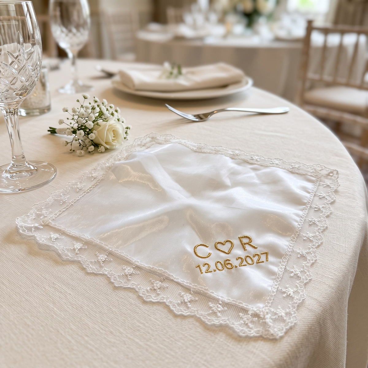 C heart R initials personalized wedding handkerchief, gold embroidery on white organza with lace edge
