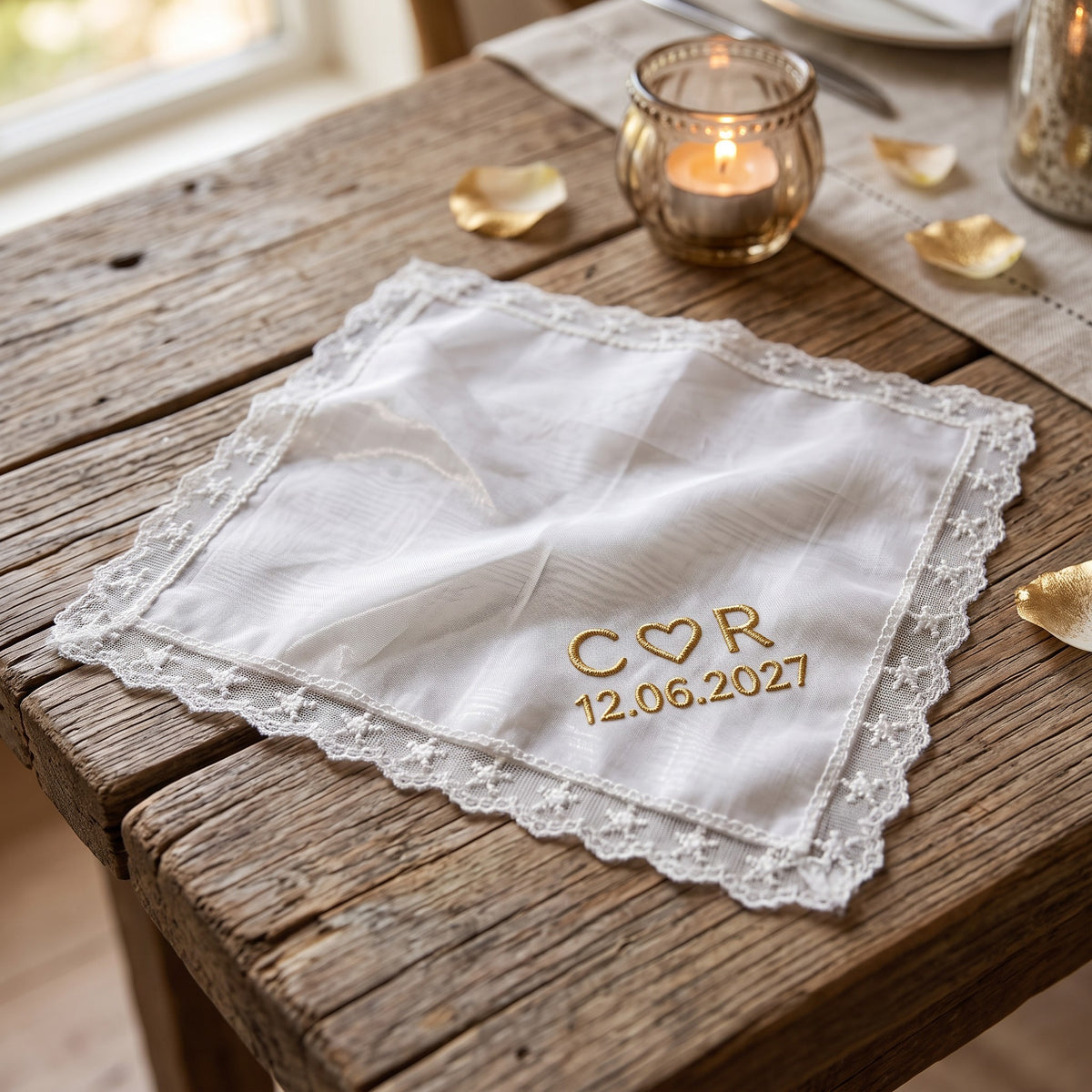 C heart R initials personalized wedding handkerchief, gold embroidery on white organza with lace edge — photo 2
