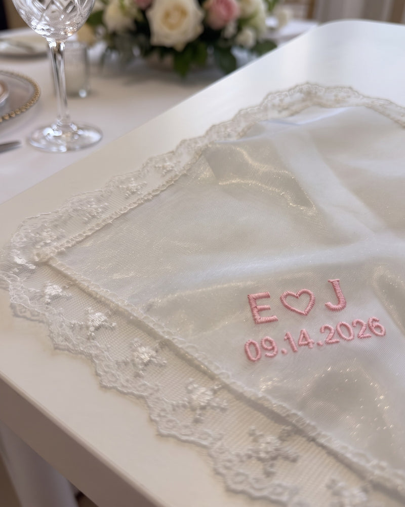 Wholesale E ♥ J Wedding Handkerchief, White Organza | Bulk Personalized Handkerchiefs, 15+ Pieces