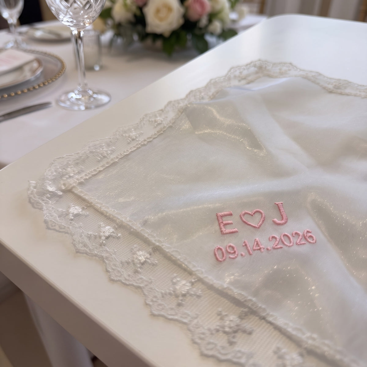E heart J initials personalized wedding handkerchief, pink embroidery on white organza with lace edge
