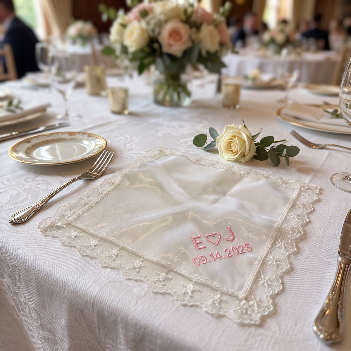 E heart J initials personalized wedding handkerchief, pink embroidery on white organza with lace edge — photo 2