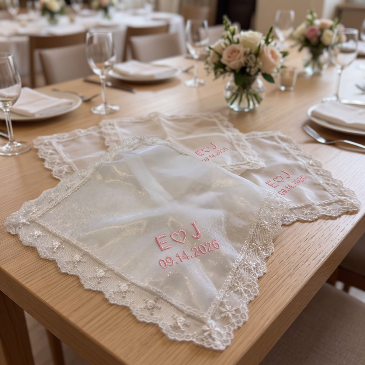 E heart J initials personalized wedding handkerchief, pink embroidery on white organza with lace edge — photo 3
