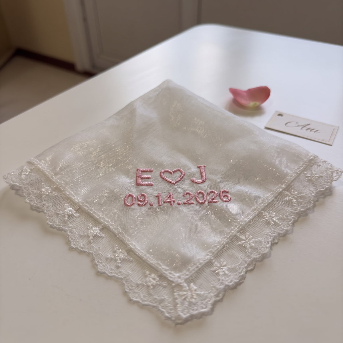 E heart J initials personalized wedding handkerchief, pink embroidery on white organza with lace edge — photo 4