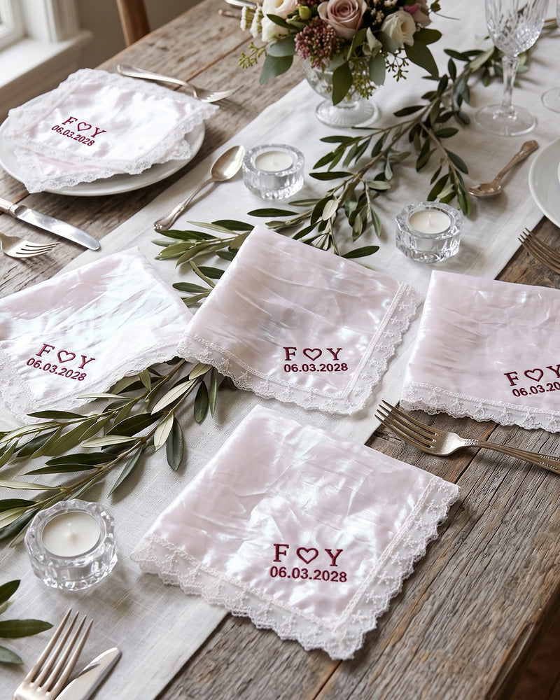 F ♥ Y Wedding Handkerchief with Date | Personalized Embroidered Organza Handkerchief, Burgundy on Rainbow Organza