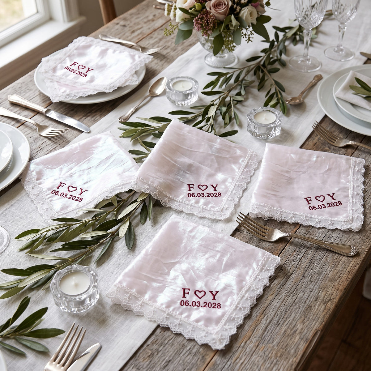 F heart Y initials personalized wedding handkerchief, burgundy embroidery on rainbow organza with lace edge