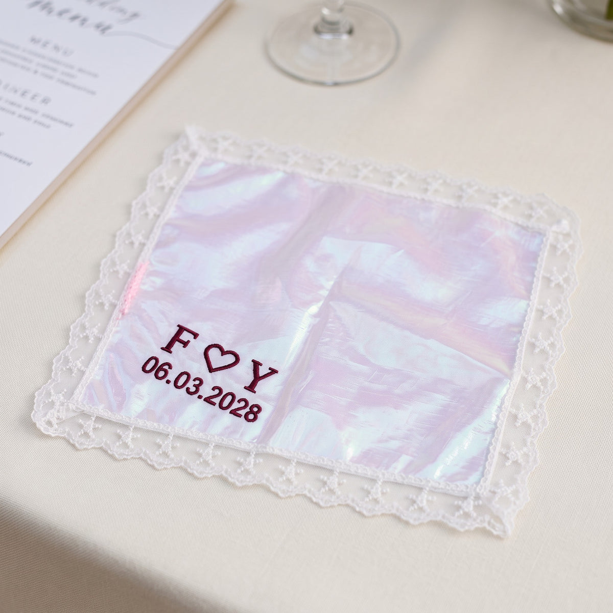 F heart Y initials personalized wedding handkerchief, burgundy embroidery on rainbow organza with lace edge — photo 2