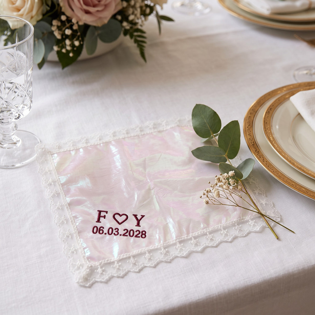 F heart Y initials personalized wedding handkerchief, burgundy embroidery on rainbow organza with lace edge — photo 3