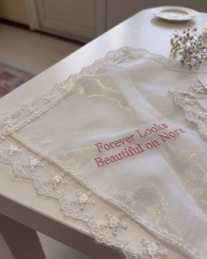 "Forever Looks Beautiful on Nora" Wedding Handkerchief | Personalized Embroidered Organza Handkerchief, Pink on White Organza