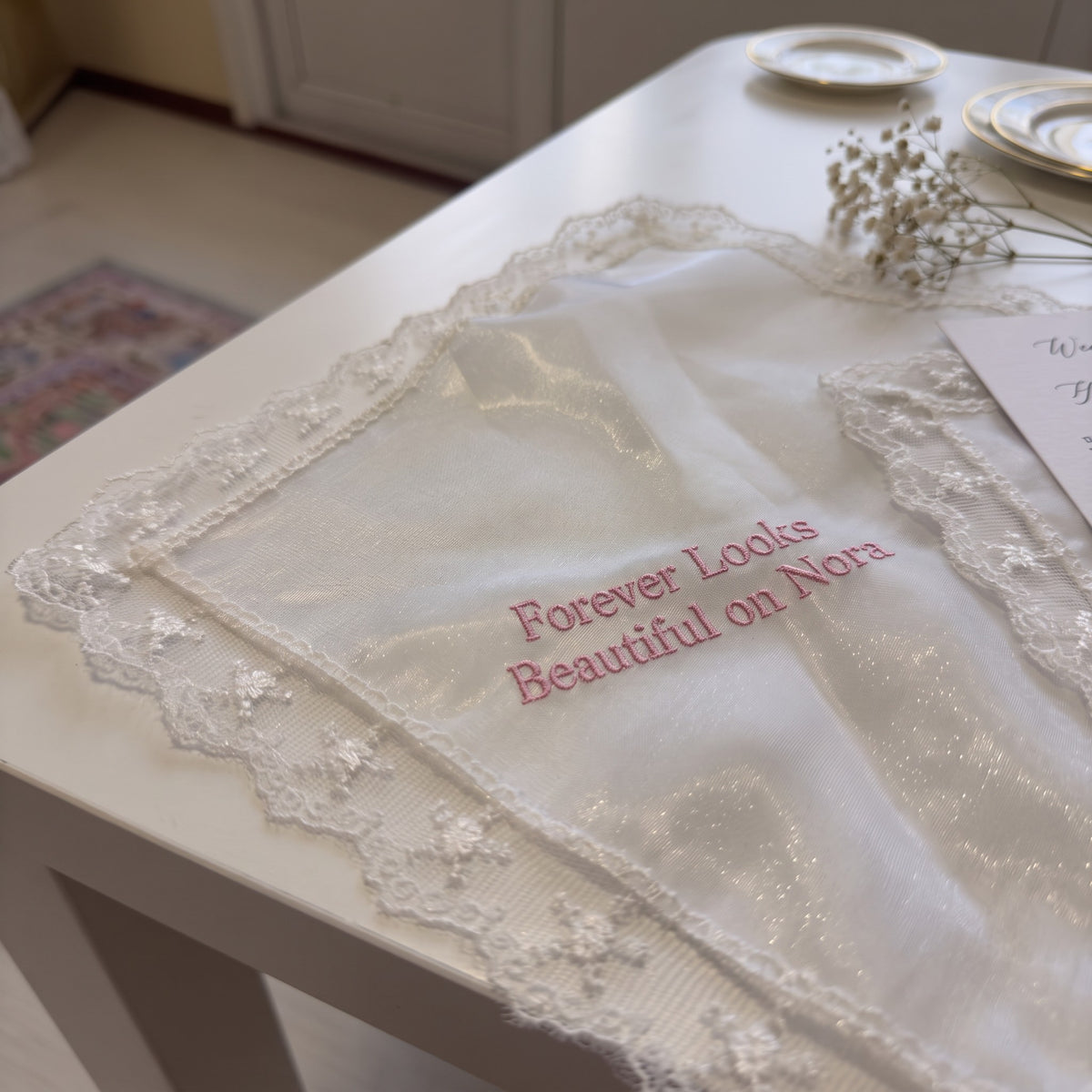 "Forever Looks Beautiful" personalized wedding handkerchief, pink embroidery on white organza with lace edge