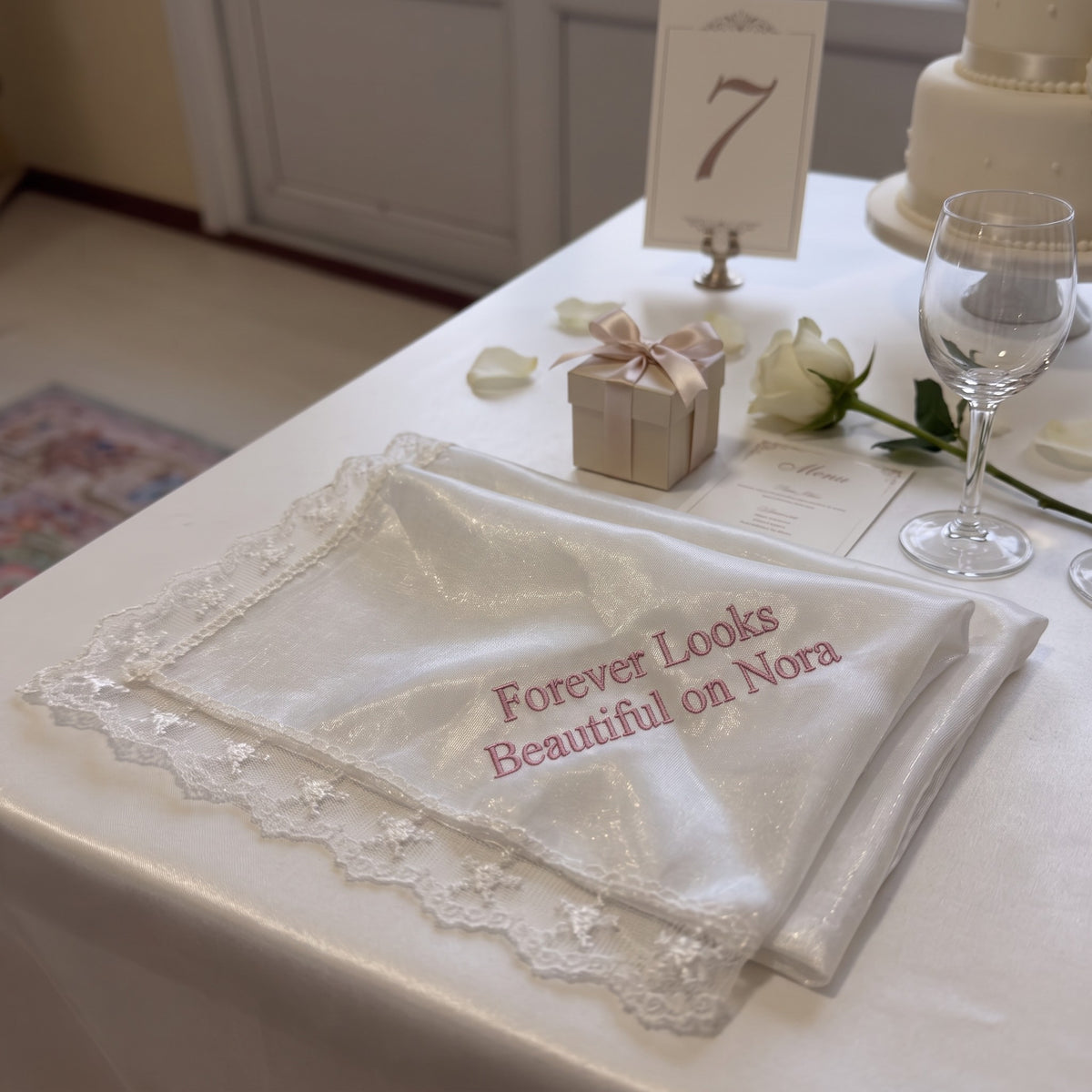 "Forever Looks Beautiful" personalized wedding handkerchief, pink embroidery on white organza with lace edge — photo 2