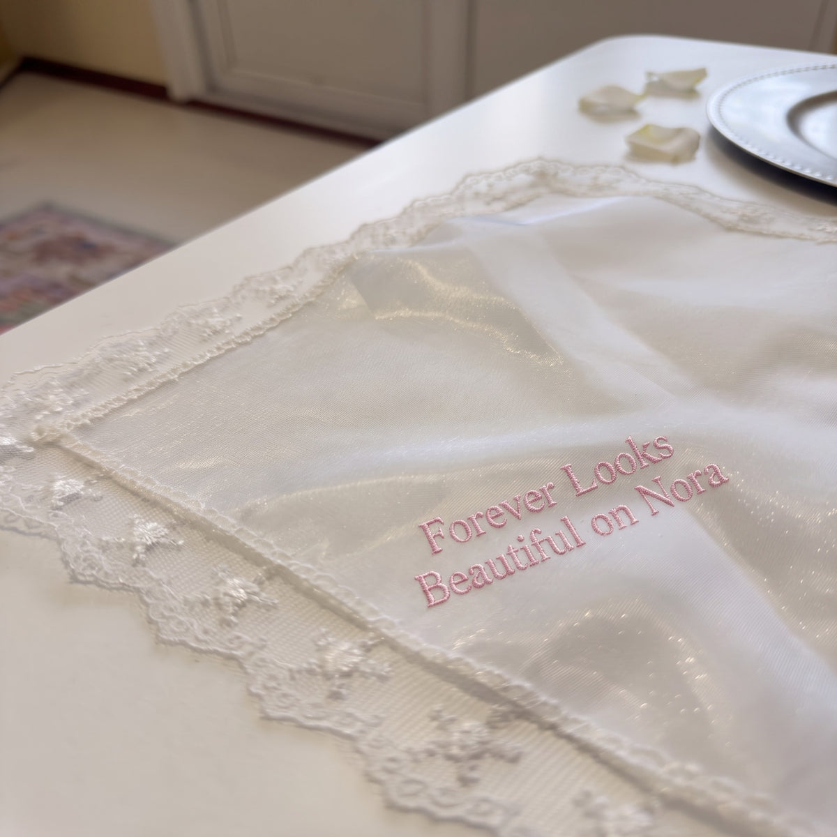 "Forever Looks Beautiful" personalized wedding handkerchief, pink embroidery on white organza with lace edge — photo 3