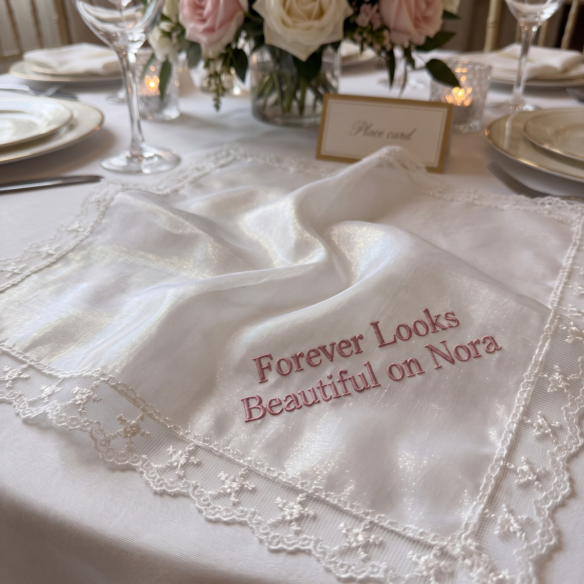 "Forever Looks Beautiful" personalized wedding handkerchief, pink embroidery on white organza with lace edge — photo 4
