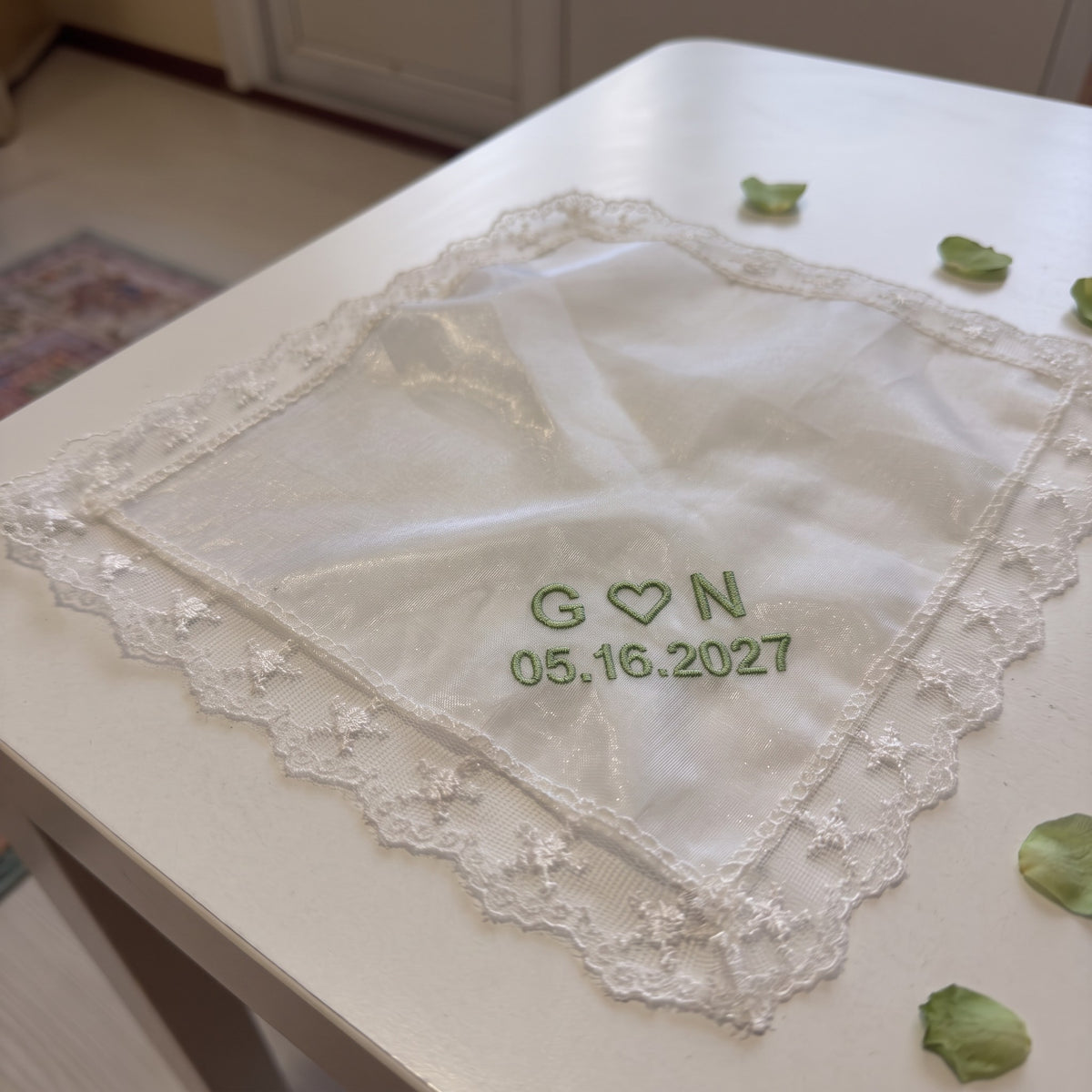 G heart N initials personalized wedding handkerchief, sage green embroidery on white organza with lace edge