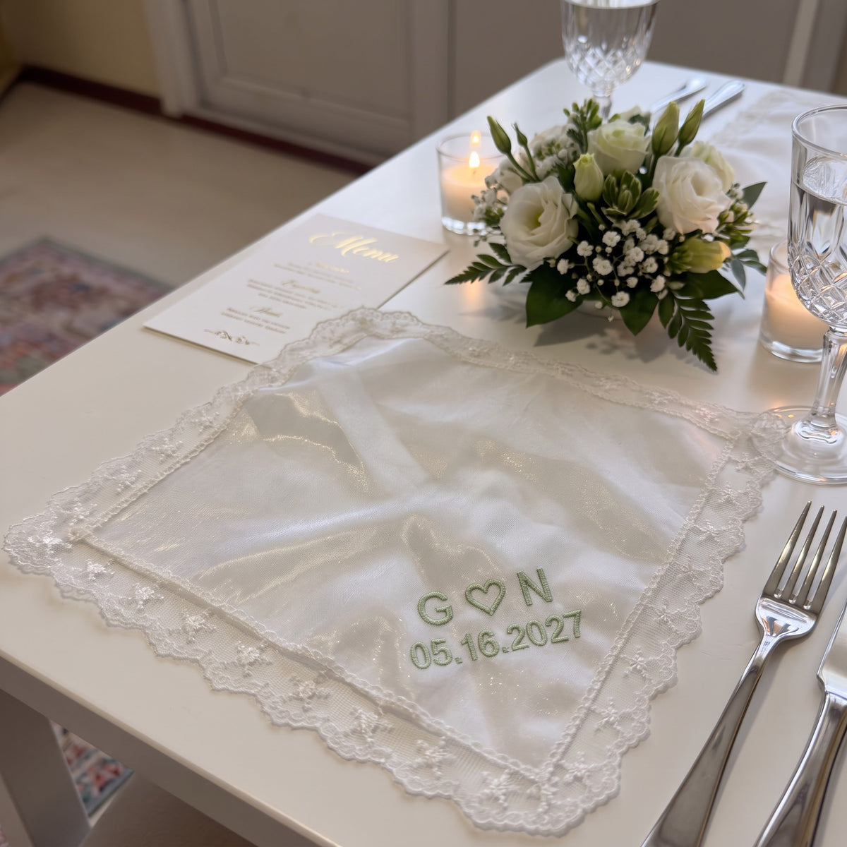 G heart N initials personalized wedding handkerchief, sage green embroidery on white organza with lace edge — photo 2