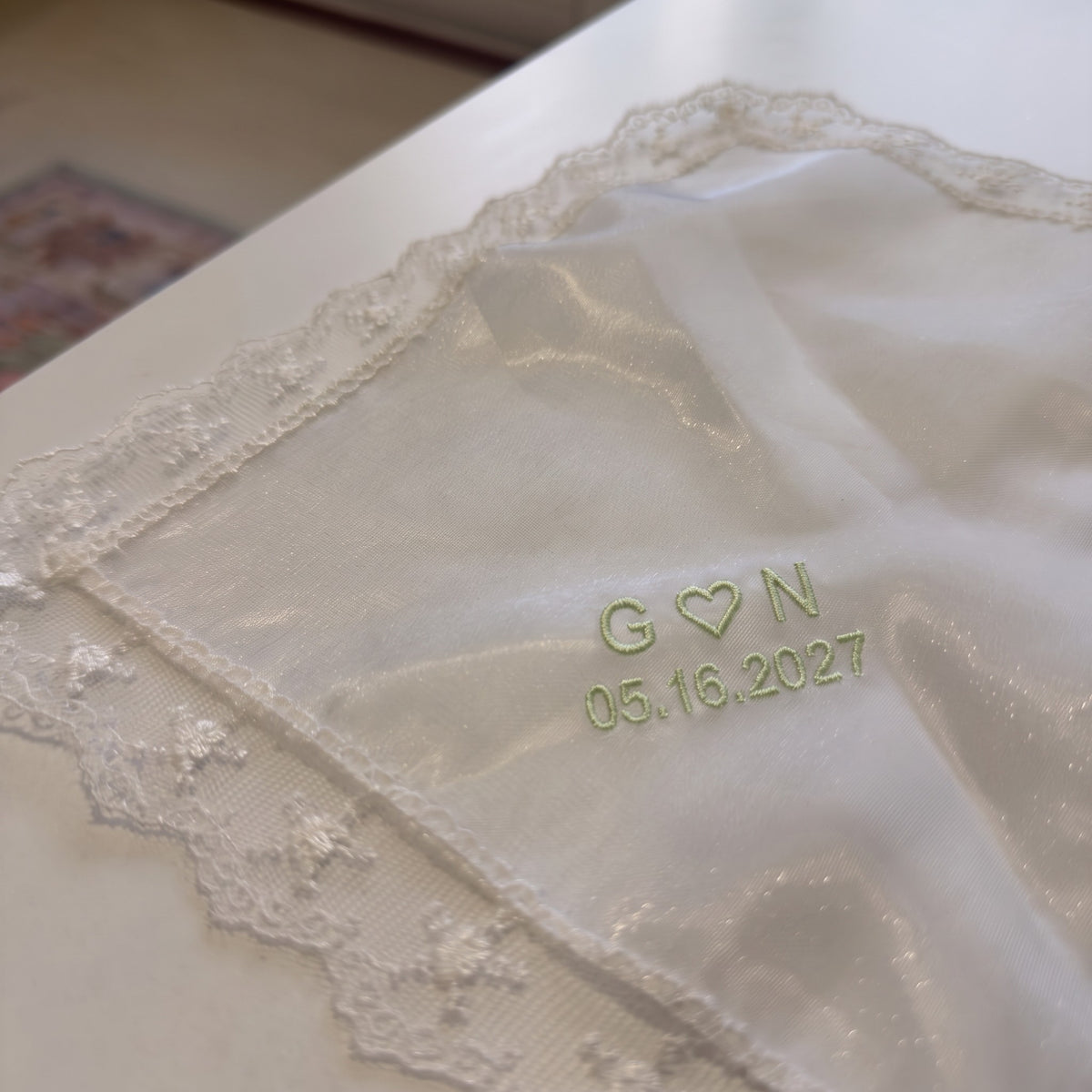 G heart N initials personalized wedding handkerchief, sage green embroidery on white organza with lace edge — photo 3