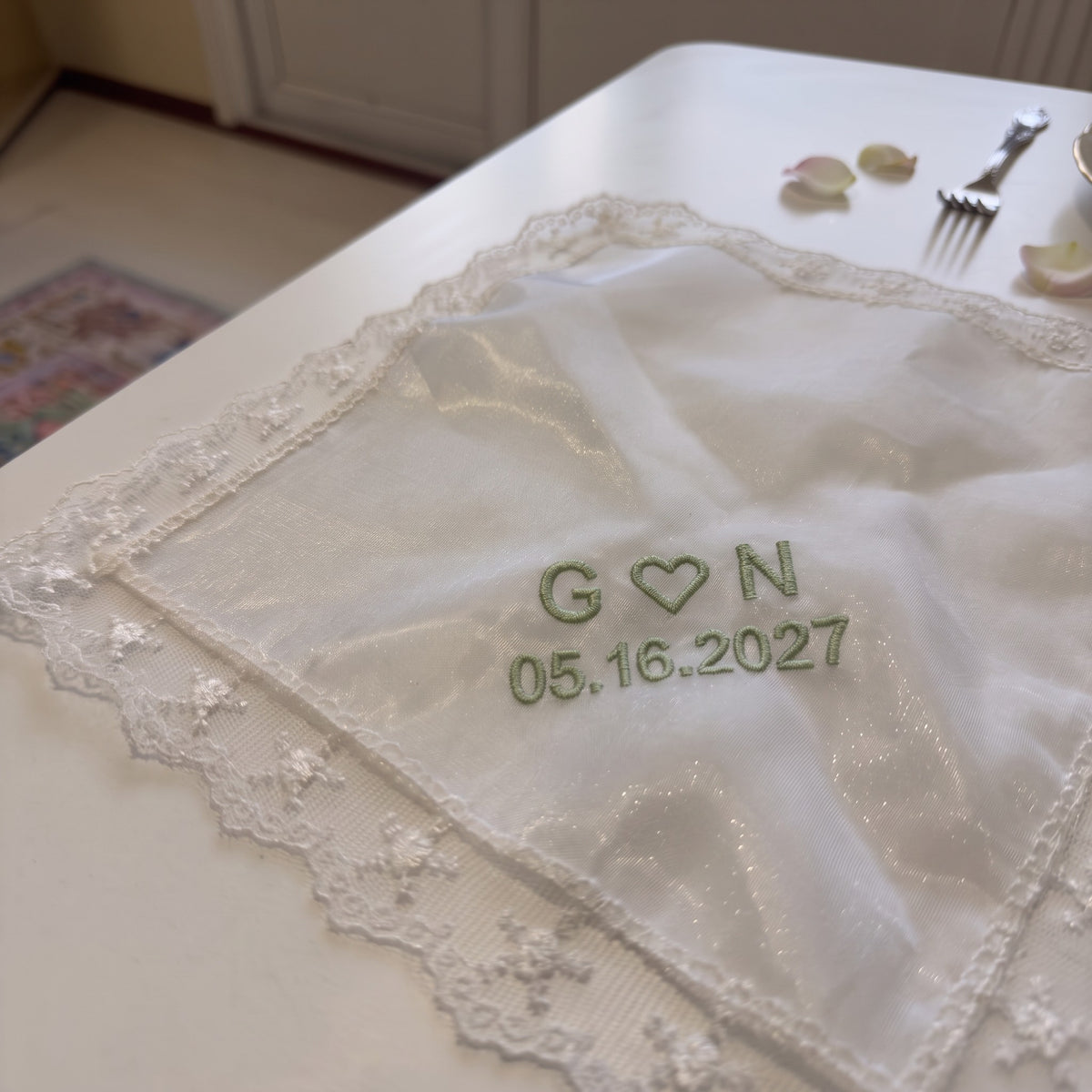 G heart N initials personalized wedding handkerchief, sage green embroidery on white organza with lace edge — photo 4