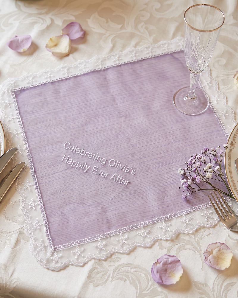 Wholesale "Celebrating Olivia's Happily Ever After" Wedding Handkerchief, Iridescent Lilac Organza | Bulk Personalized Handkerchiefs, 15+ Pieces
