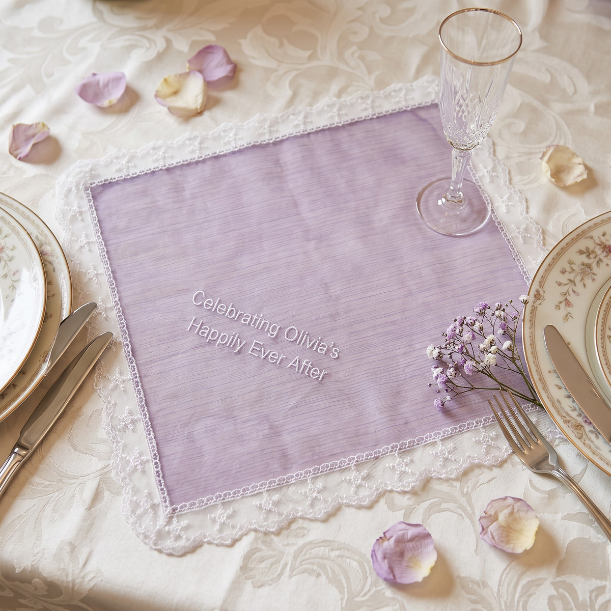 "Happily Ever After" personalized wedding handkerchief, white embroidery on iridescent lilac organza with lace edge