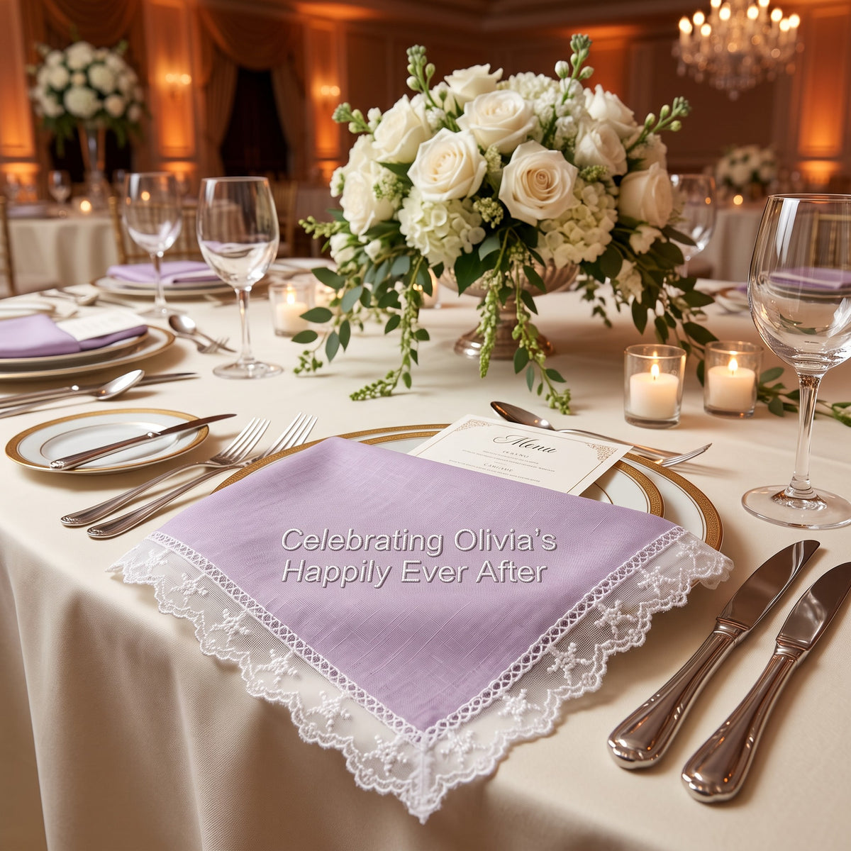 "Happily Ever After" personalized wedding handkerchief, white embroidery on iridescent lilac organza with lace edge — photo 2