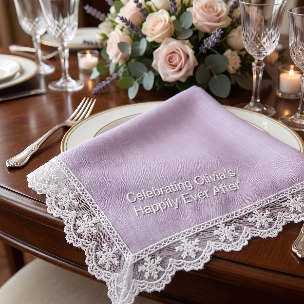 "Happily Ever After" personalized wedding handkerchief, white embroidery on iridescent lilac organza with lace edge — photo 3