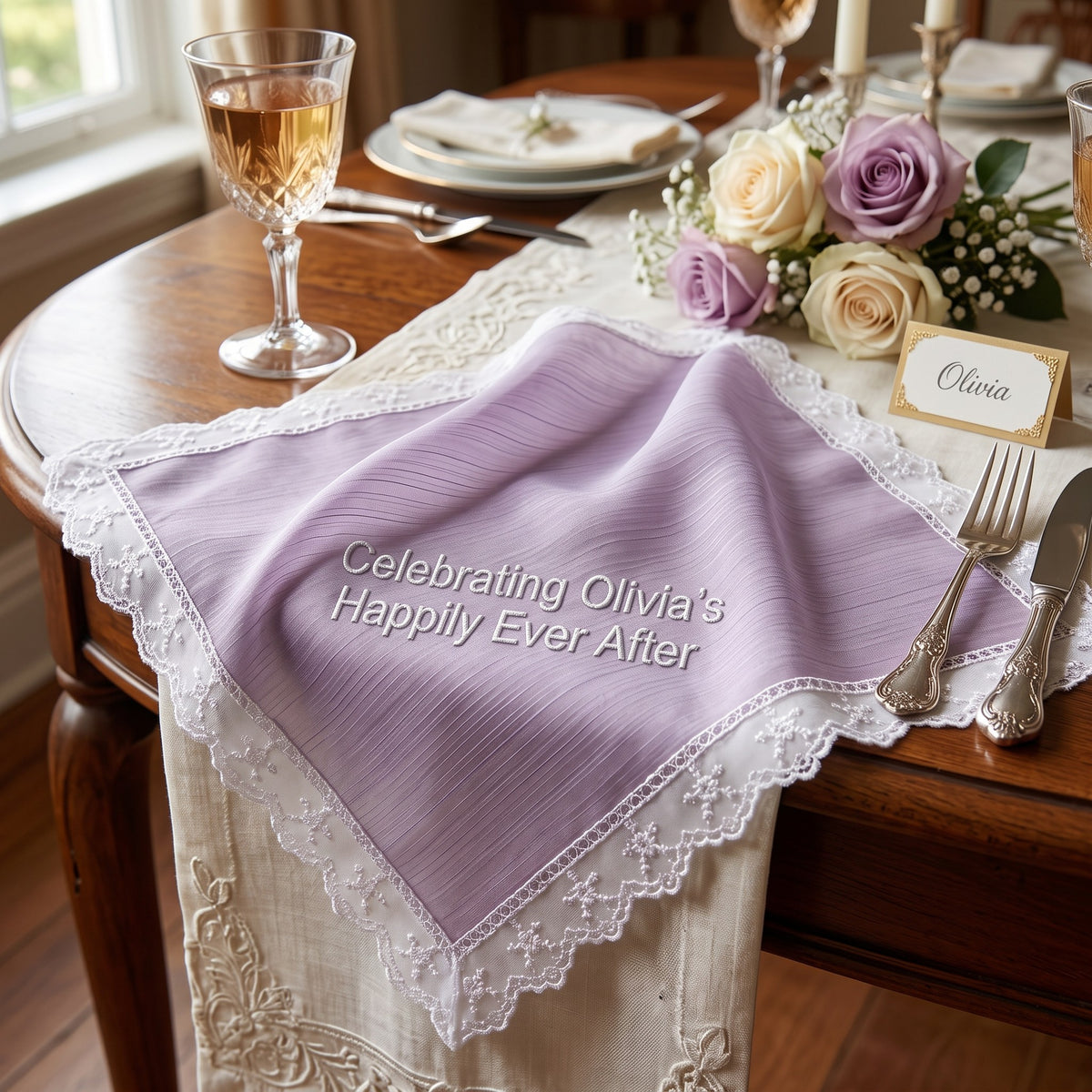 "Happily Ever After" personalized wedding handkerchief, white embroidery on iridescent lilac organza with lace edge — photo 4