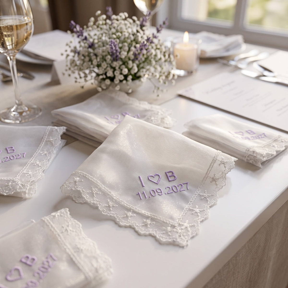 I heart B initials personalized wedding handkerchief, lavender embroidery on white organza with lace edge