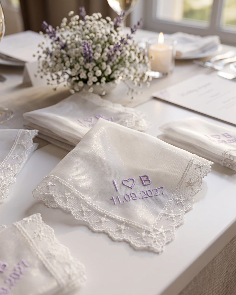 Wholesale I ♥ B Wedding Handkerchief, White Organza | Bulk Personalized Handkerchiefs, 15+ Pieces