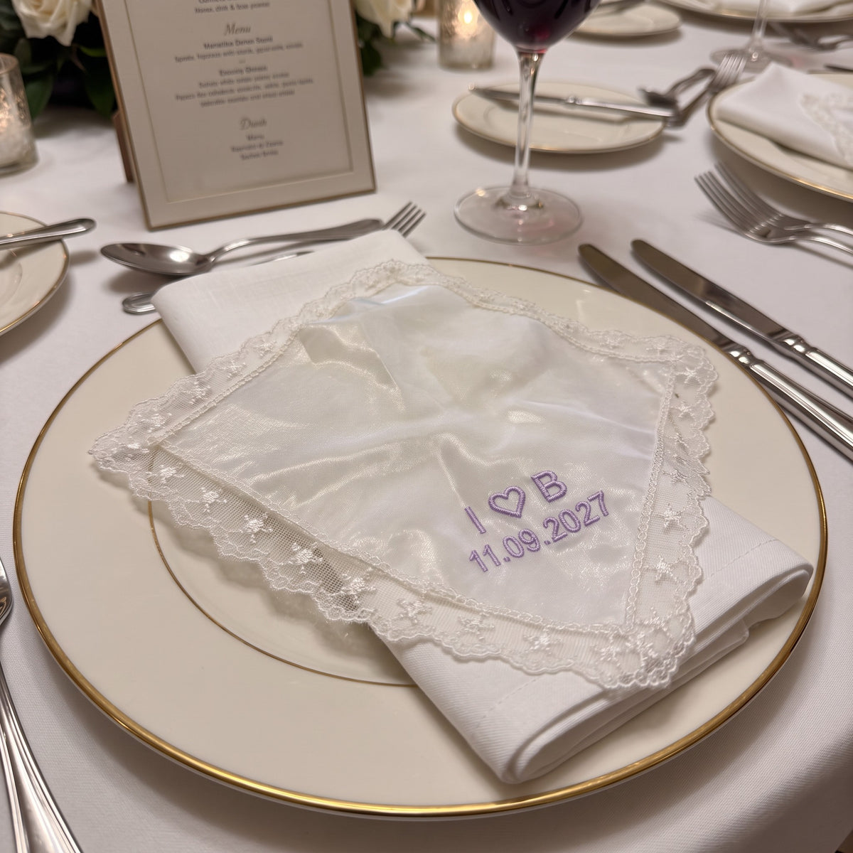 I heart B initials personalized wedding handkerchief, lavender embroidery on white organza with lace edge — photo 2