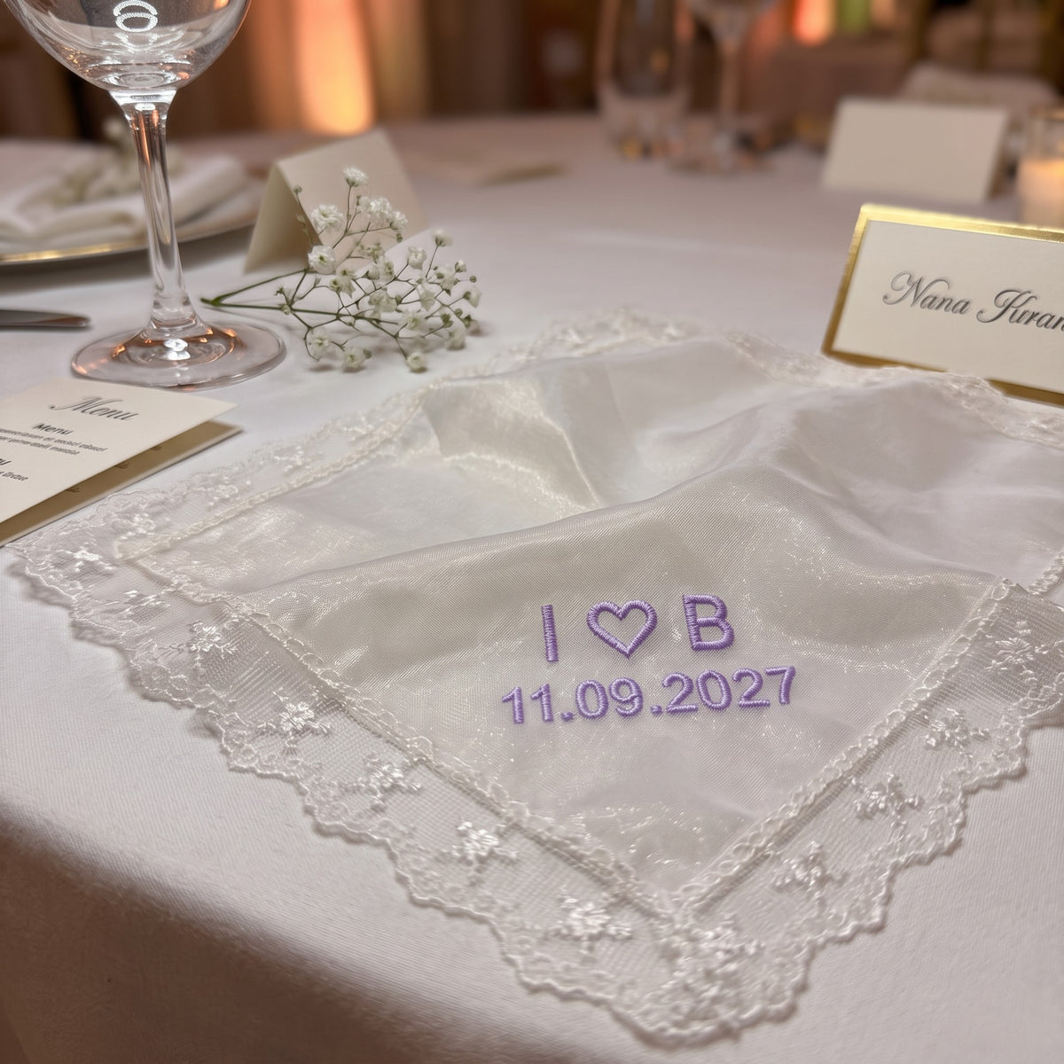 I heart B initials personalized wedding handkerchief, lavender embroidery on white organza with lace edge — photo 3