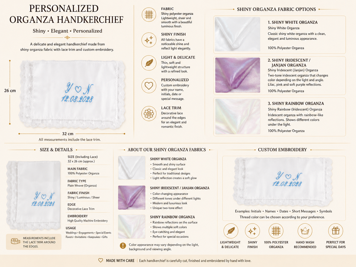 Personalized organza wedding handkerchief, about 32 x 26 cm with lace edge, 100% polyester organza — shiny white, iridescent lilac and rainbow