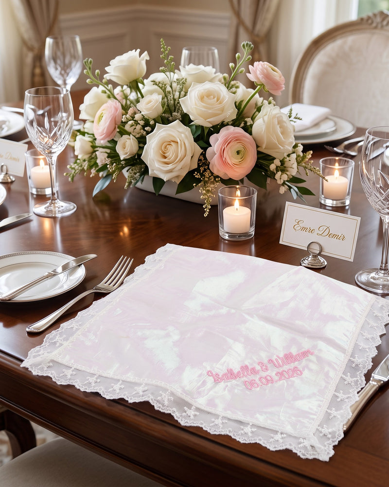 "Isabella & William" Wedding Handkerchief | Personalized Embroidered Organza Handkerchief, Pink on Rainbow Organza