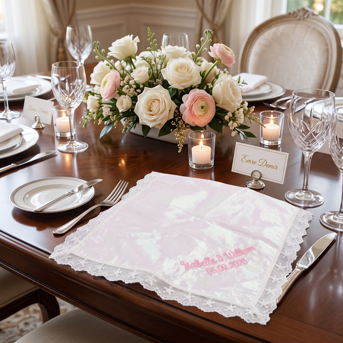 "Isabella & William" personalized wedding handkerchief, pink embroidery on rainbow organza with lace edge