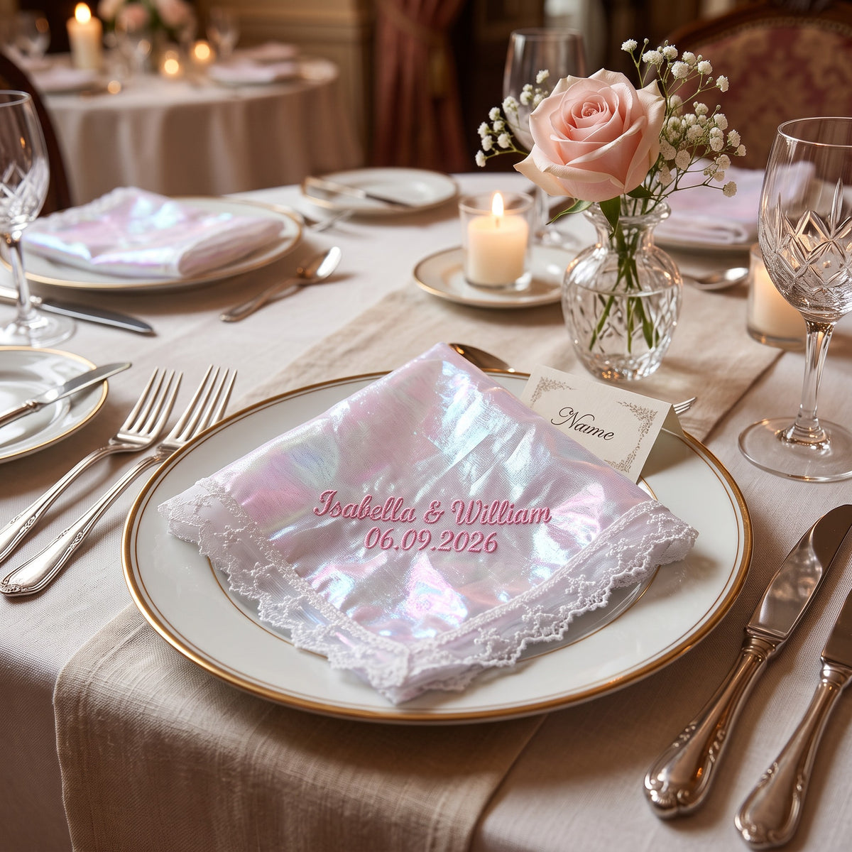 "Isabella & William" personalized wedding handkerchief, pink embroidery on rainbow organza with lace edge — photo 2