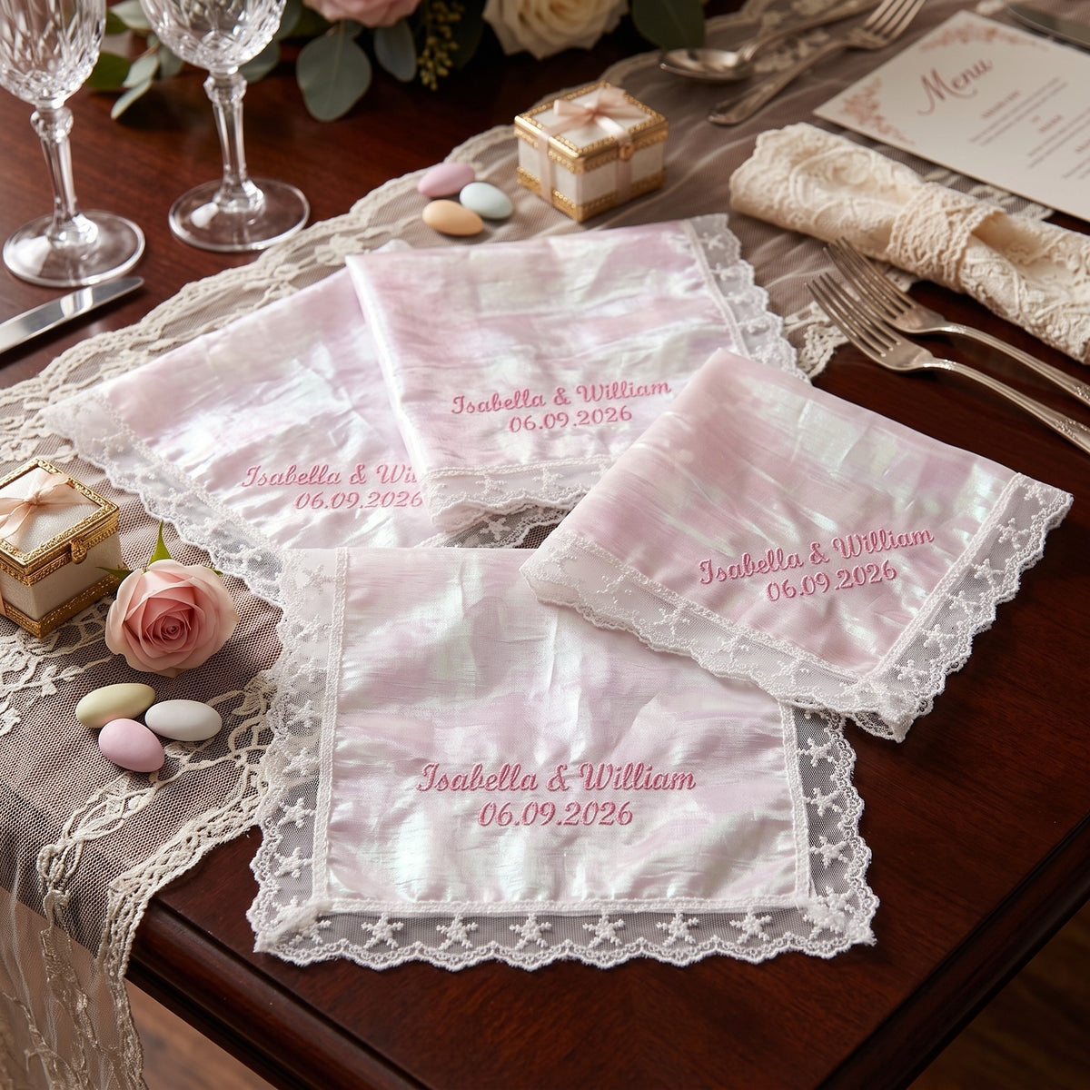 "Isabella & William" personalized wedding handkerchief, pink embroidery on rainbow organza with lace edge — photo 3