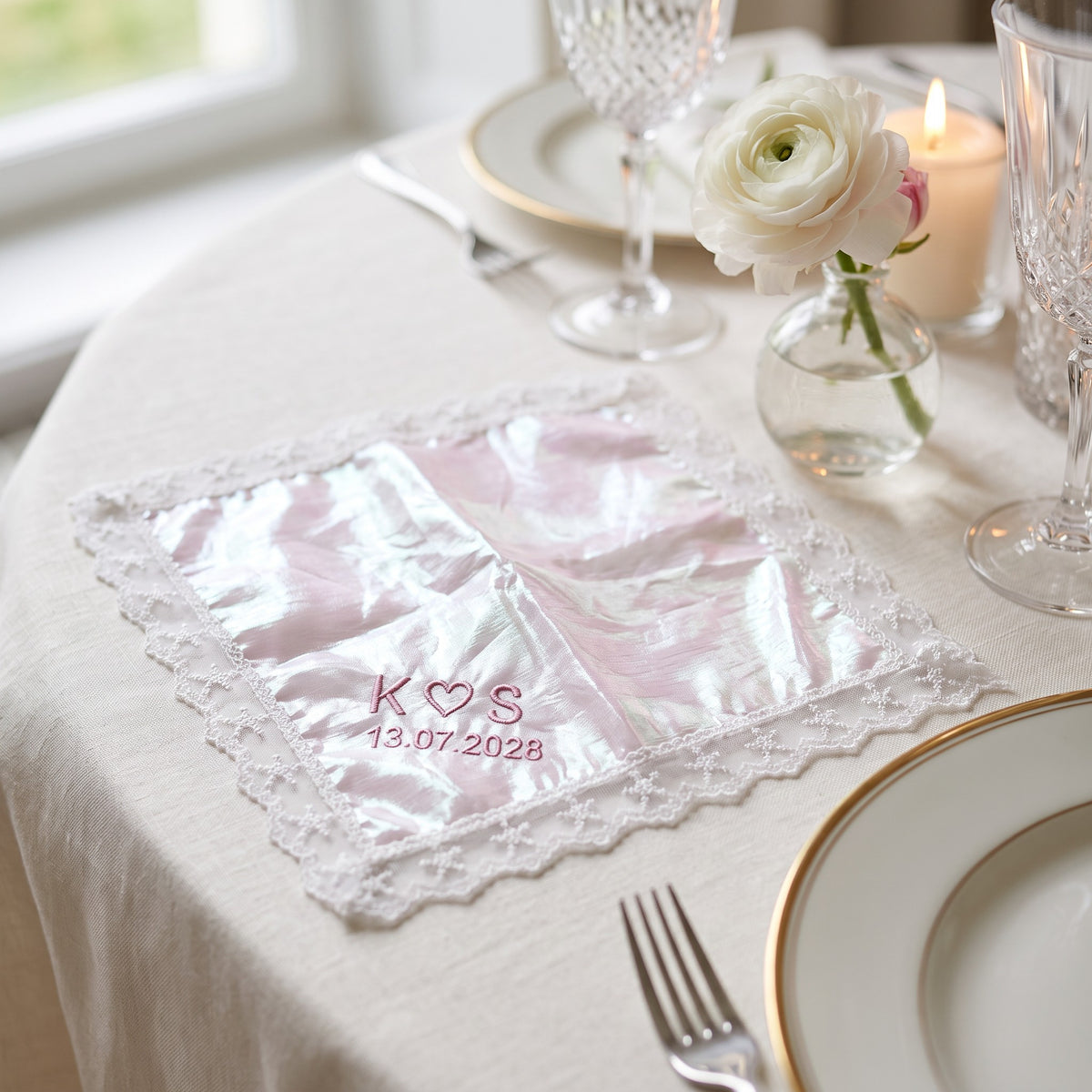 K heart S initials personalized wedding handkerchief, pink embroidery on rainbow organza with lace edge
