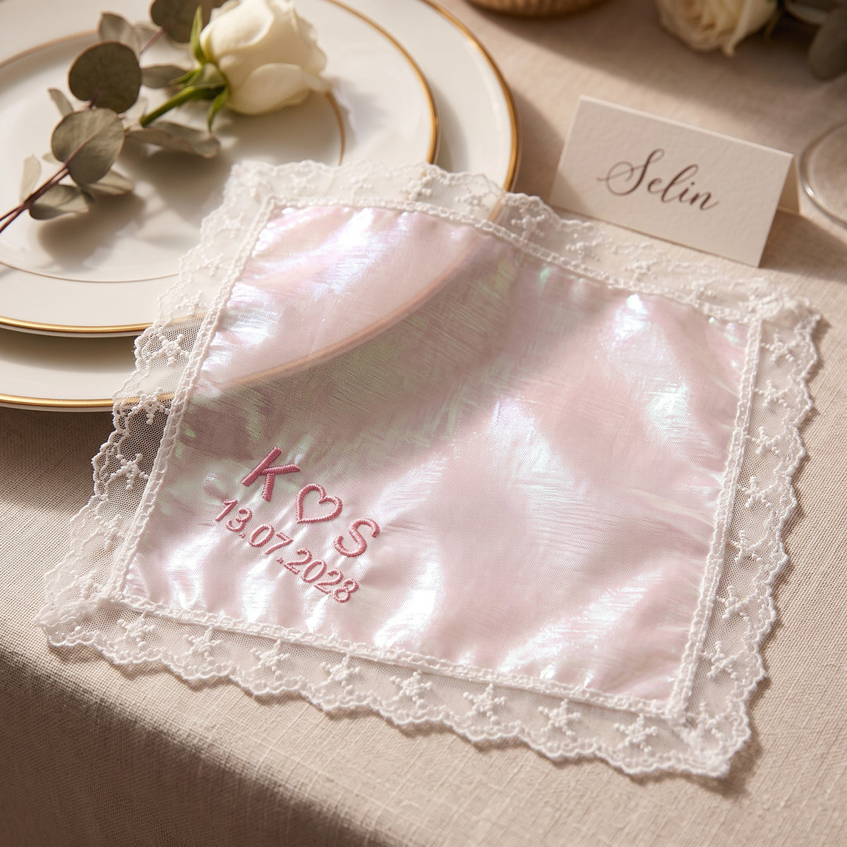 K heart S initials personalized wedding handkerchief, pink embroidery on rainbow organza with lace edge — photo 2